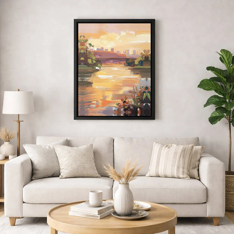 Abstract Sunset Cityscape Canvas Wall Art | Warm River Bridge Landscape | Premium Fade-Resistant Gallery Print | Modern Home & Office Decor
