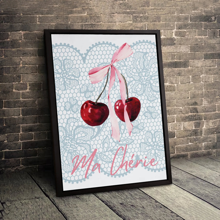 Ma Chérie Cherry Wall Art | Watercolor Pink Ribbon & Blue Lace Aesthetic | Premium Gallery-Wrapped Canvas | Romantic Kitchen & Bedroom Decor Gift