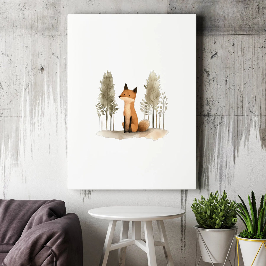 Watercolor Woodland Fox Canvas Art | Minimalist Forest Animal Nursery Decor | Premium Gallery Wrap | Cute Wildlife Wall Print for Kids Room