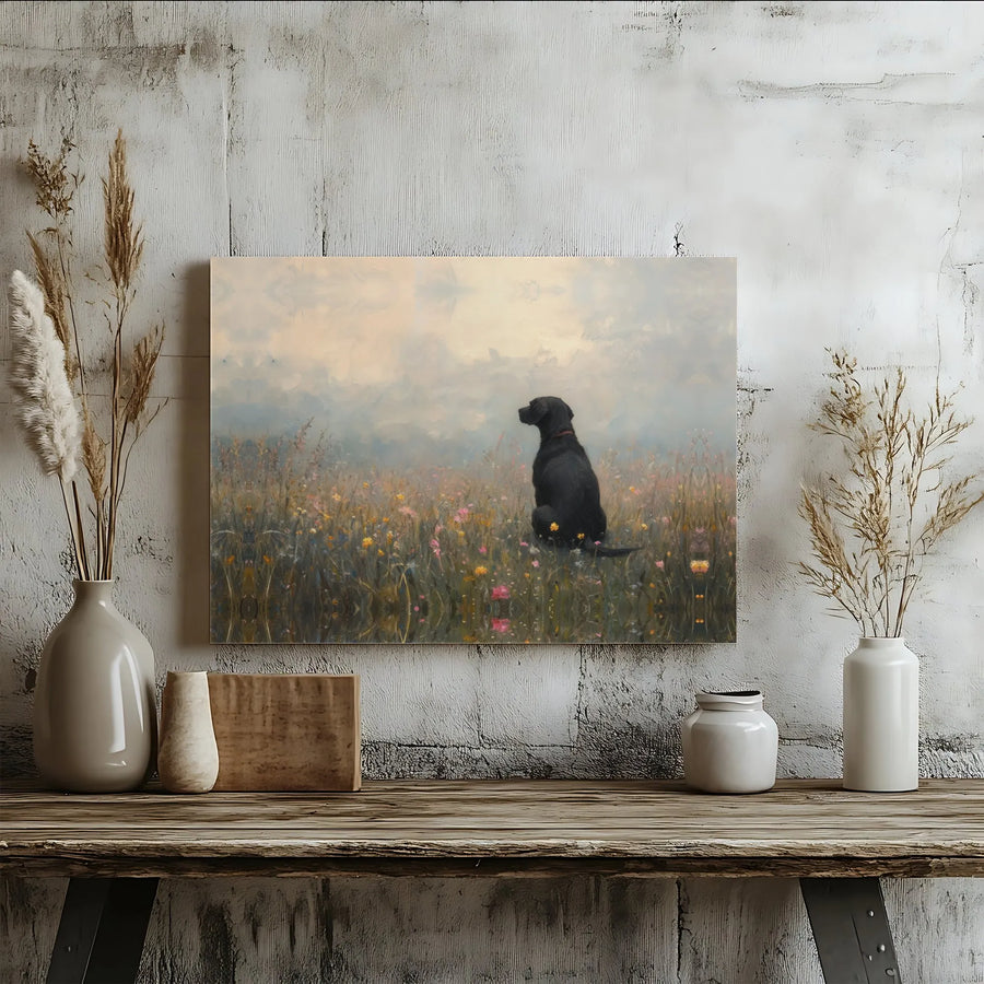 Black Labrador Canvas Wall Art | Impressionist Wildflower Field Painting | Premium Gallery Wrapped Decor | Dog Lover Gift & Home Interior