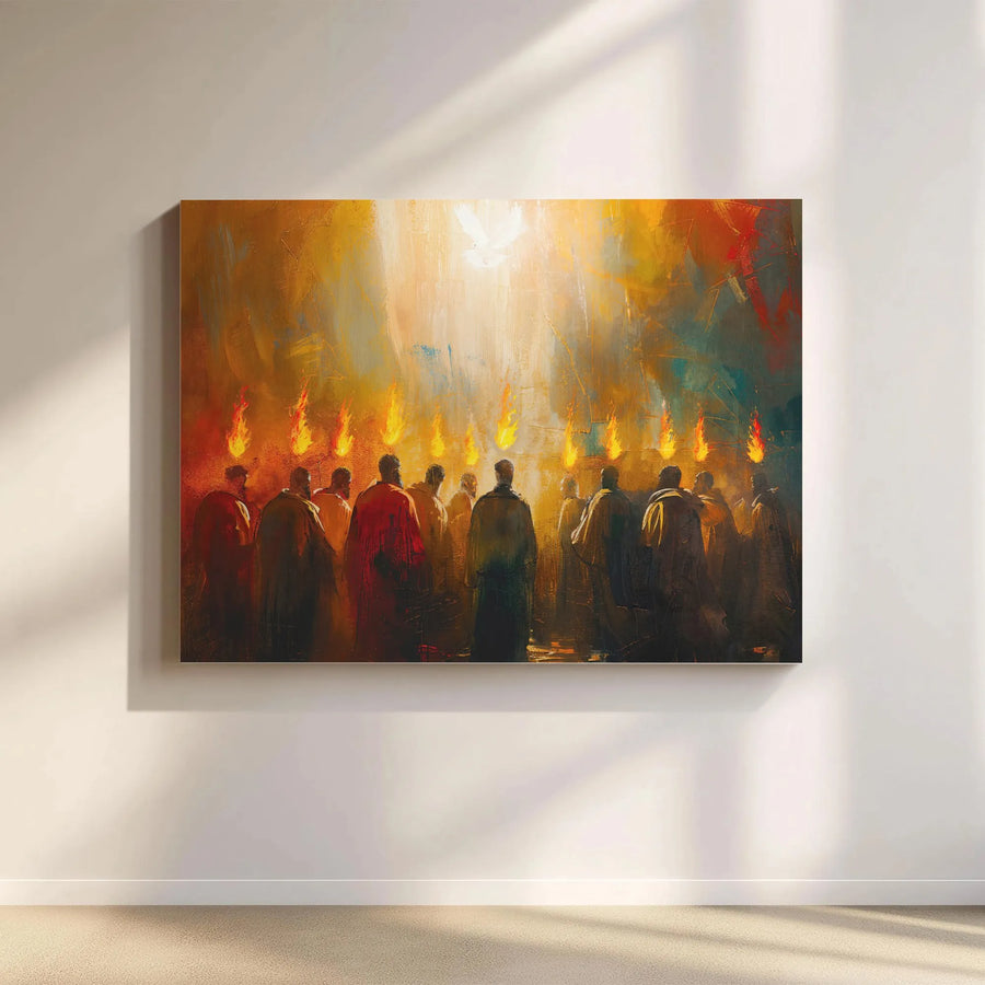 Pentecost Canvas Wall Art | Tongues Of Fire With Holy Spirit Dove | Premium Gallery Wrap Print | Christian Religious Home Decor Gift