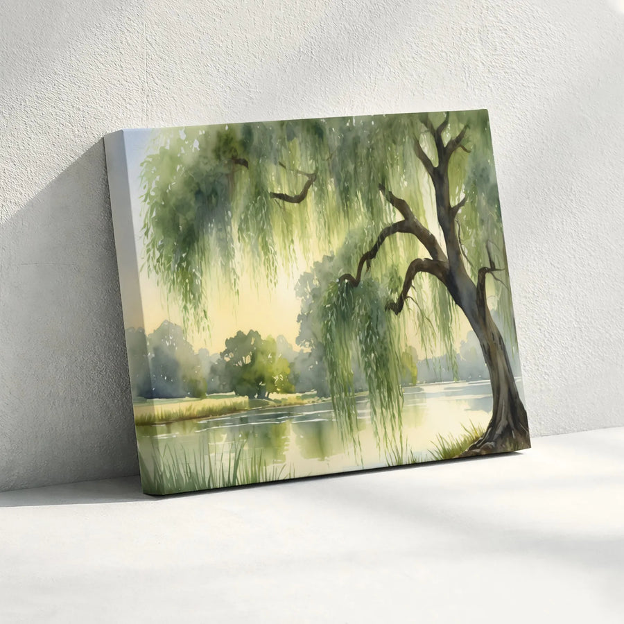 Weeping Willow Canvas Wall Art | Serene Lakeside Watercolor Painting | Premium Gallery Wrap Print | Gift for Nature Lover