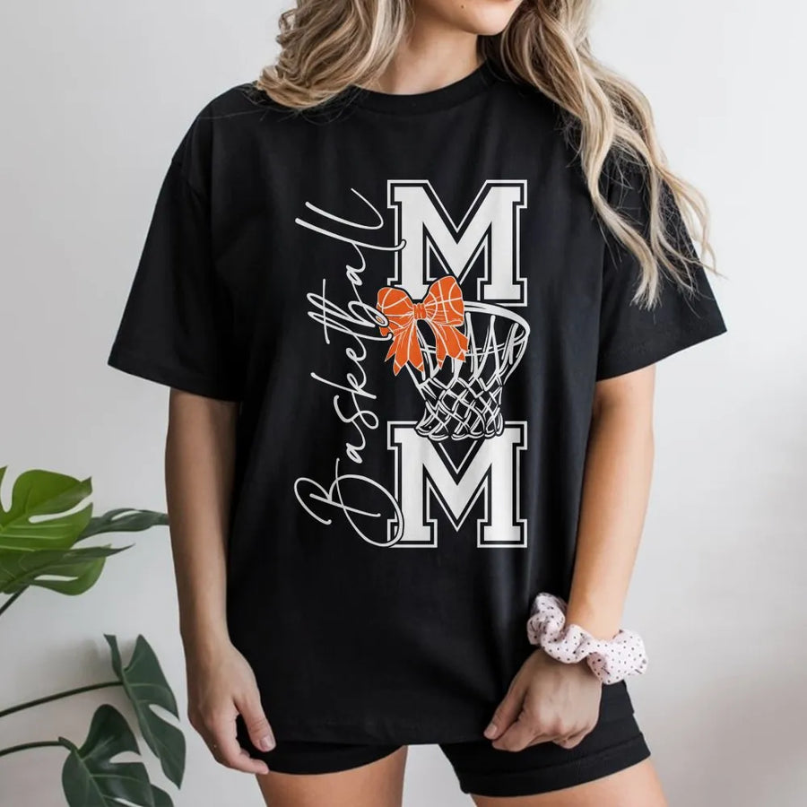 Basketball Mom T-Shirt | Sporty Bow Graphic Design | Premium Cotton Tee | Game Day Outfit Gift for Basketball Mama
