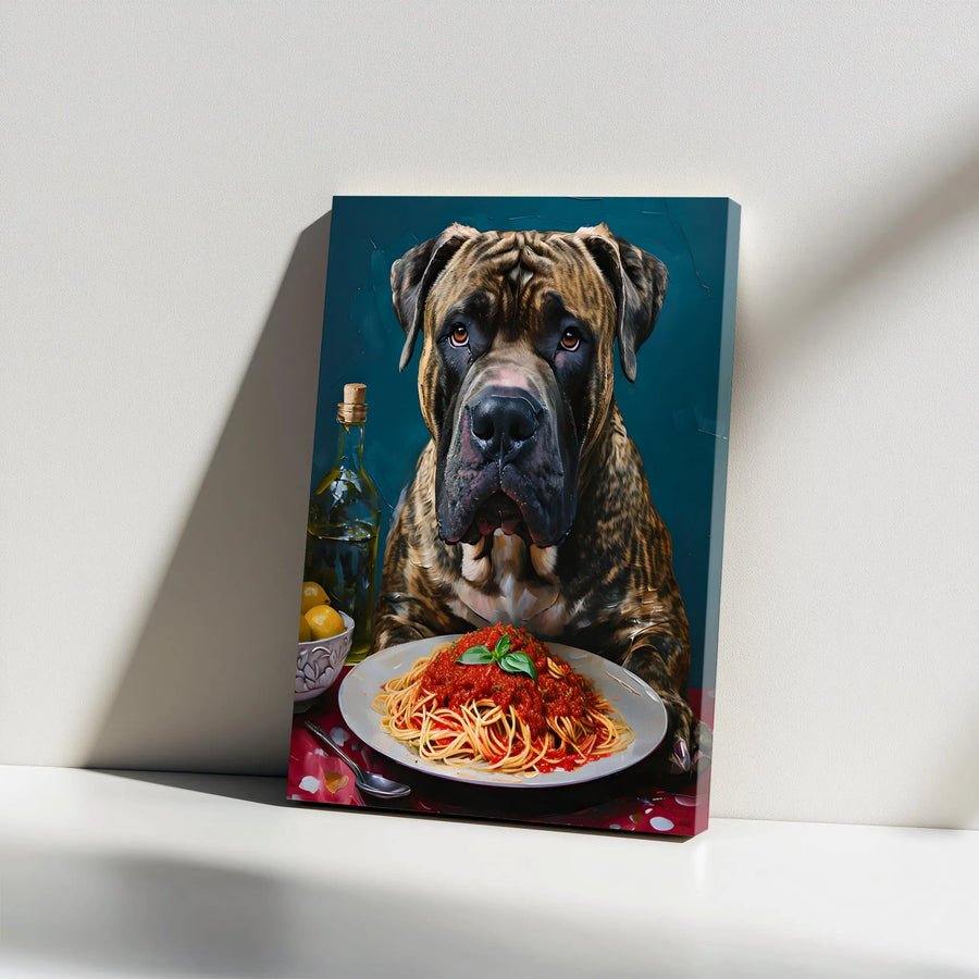 Cane Corso Wall Art | Funny Dog Eating Spaghetti Oil Painting Style | Premium Gallery Wrap Canvas | Unique Kitchen Decor Gift for Dog Lovers