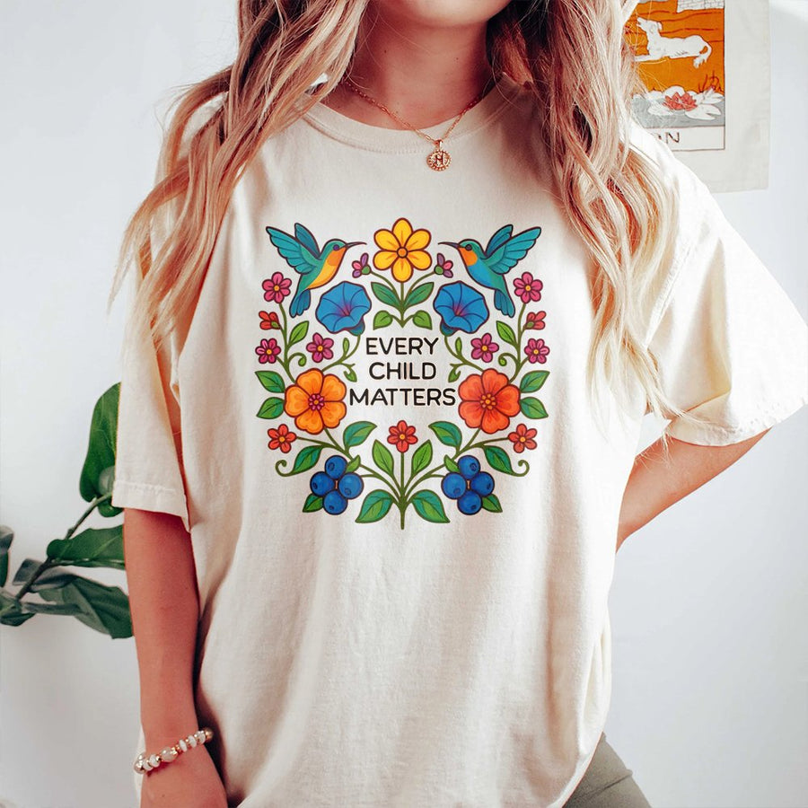 Every Child Matters T-Shirt | Floral Hummingbird Indigenous Art Design | 100% Cotton Premium Tee | Awareness Gift for Men and Women