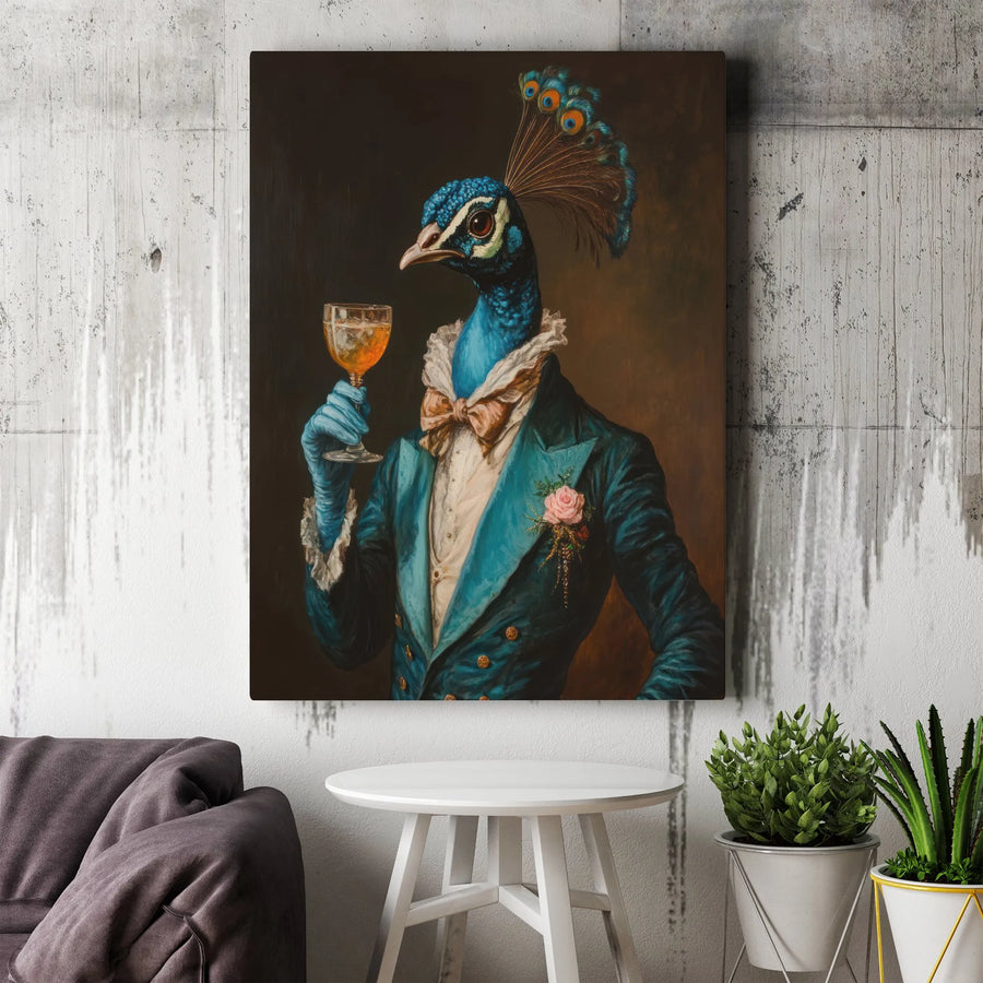 Dapper Peacock Wall Art | Anthropomorphic Bird in Suit Portrait | Premium Gallery-Wrapped Canvas | Unique Home Decor for Gentleman’s Lounge