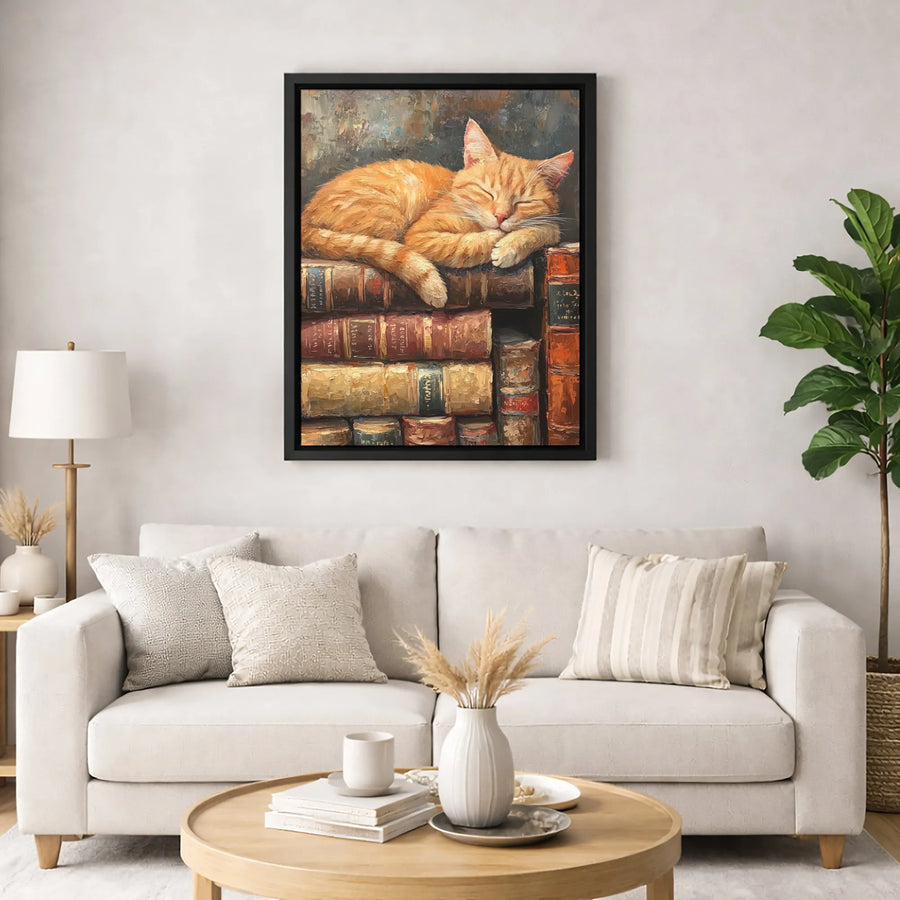 Sleeping Ginger Cat Canvas Print | Whimsical Library Book Stack Wall Art | Premium Gallery-Wrapped Canvas | Gift for Cat Lovers and Readers