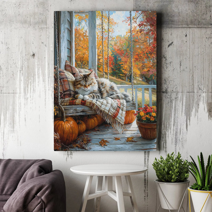 Cozy Autumn Cat Vertical Canvas | Sleeping Kitten on Porch Swing with Pumpkins | Premium 1.25" Thick Wall Art | Gift for Cat Lovers & Farmhouse Decor