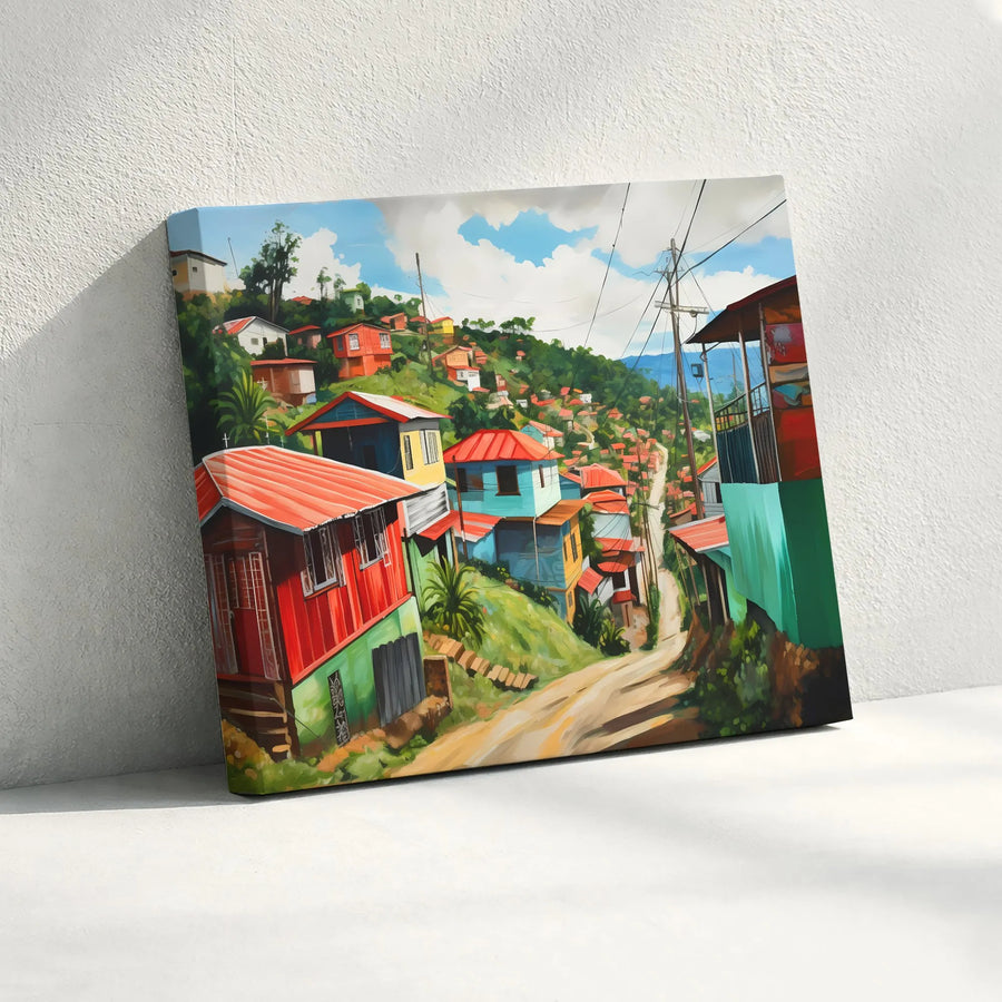 Caribbean Hillside Village Canvas Wall Art | Vibrant Coastal Town Painting | Gallery Quality Fade-Resistant Print | Travel Art Gift for Living Room Decor