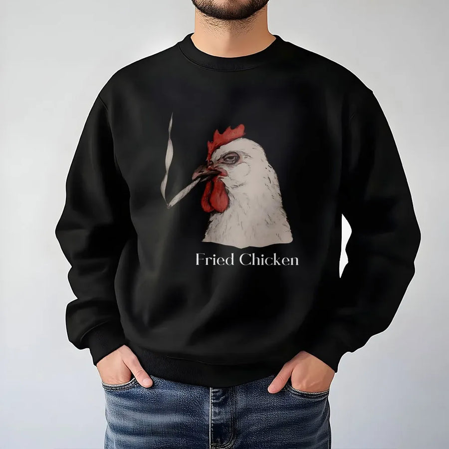 Fried Chicken Sweatshirt | Smoking Rooster Graphic Design | Premium Cotton Blend Crewneck | Funny 420 Stoner Gift for Him and Her