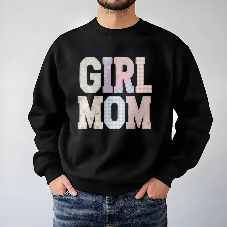 Girl Mom Sweatshirt | Aesthetic Faux Patchwork Lettering | Soft Cotton Blend | Mother's Day Gift for New Mama