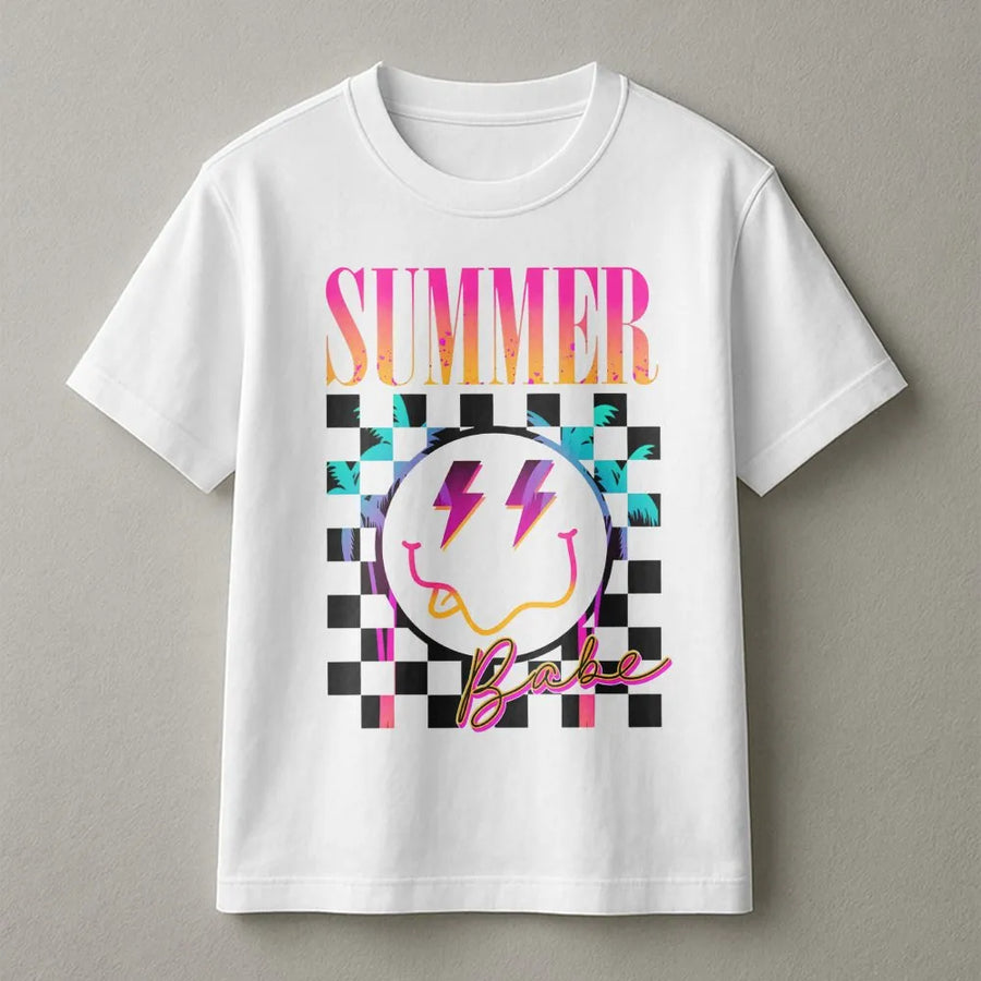 Summer Babe T-Shirt | Retro 80s Checkerboard Smiley Face | Soft Cotton Blend | Trendy Preppy Gift for Women