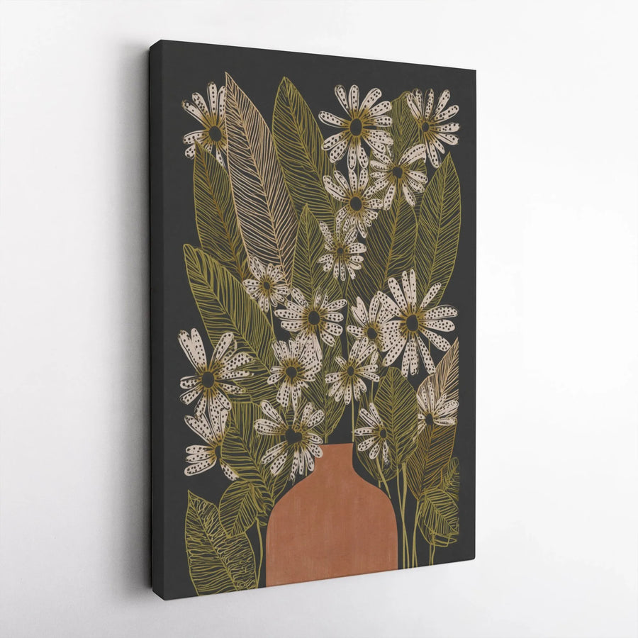 Modern Floral Vertical Canvas | Boho Daisy Bouquet in Terracotta Vase | Premium Gallery-Style Print | Gift for Modern Home Decor