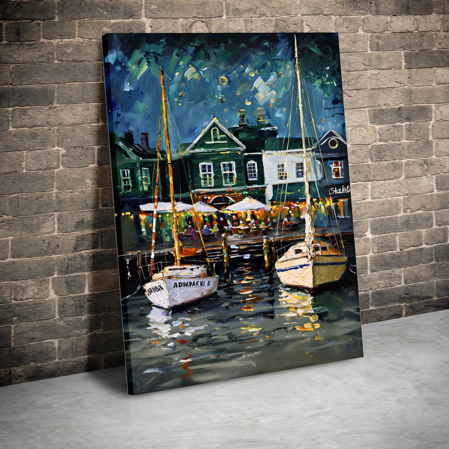 Sailboat Harbor Wall Art | Impressionist Night Scene Oil Painting Style | 1.25" Gallery Wrapped Canvas | Coastal Home Decor Gift for Art Lovers