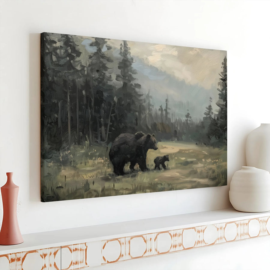 Mother Bear and Cub Wall Art | Forest Wildlife Oil Painting Style | Premium Gallery Wrap Canvas | Rustic Nature Home Decor Gift