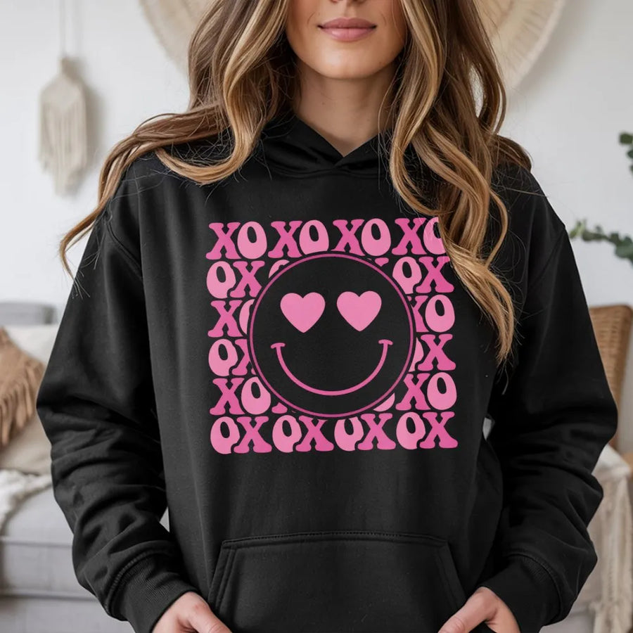Smiley Face Heart Eyes Hoodie | Retro XOXO Valentine Graphic Design | Premium Cotton Blend | Cute Aesthetic Gift for Her