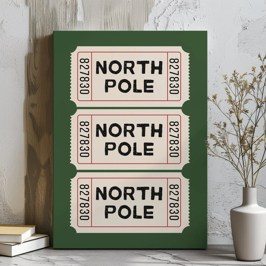 North Pole Admission Tickets Canvas Art | Vintage Christmas Train Theme | Premium Gallery Wrap Canvas | Holiday Decor Gift for Christmas Lovers