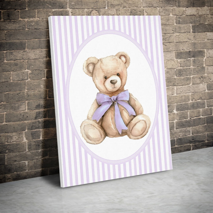 Watercolor Teddy Bear Wall Art | Lavender Striped Nursery Decor | Premium Gallery Canvas | Cute Animal Gift for Baby Girl Room