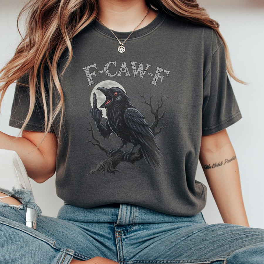 Angry Raven Graphic T-Shirt | F-Caw-F Funny Bird Design | 100% Cotton Premium Tee | Edgy Streetwear Gift for Men and Women