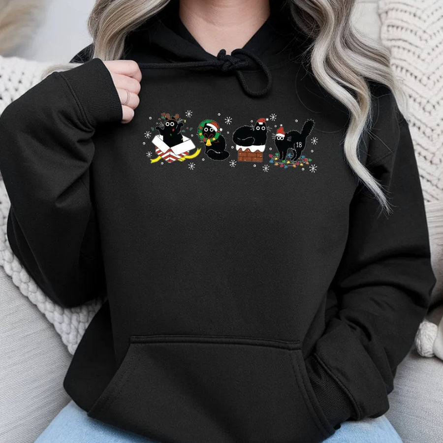 Christmas Black Cat Hoodie | Festive Graphic Kitten Sweatshirt | Premium Cotton Blend | Funny Holiday Gift for Cat Lovers