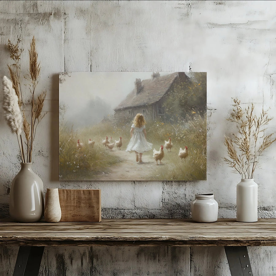 Girl With Chickens Canvas Wall Art | Rustic Farmhouse Cottage Painting | 1.25” Gallery Wrap Premium Print | Countryside Home Decor Gift