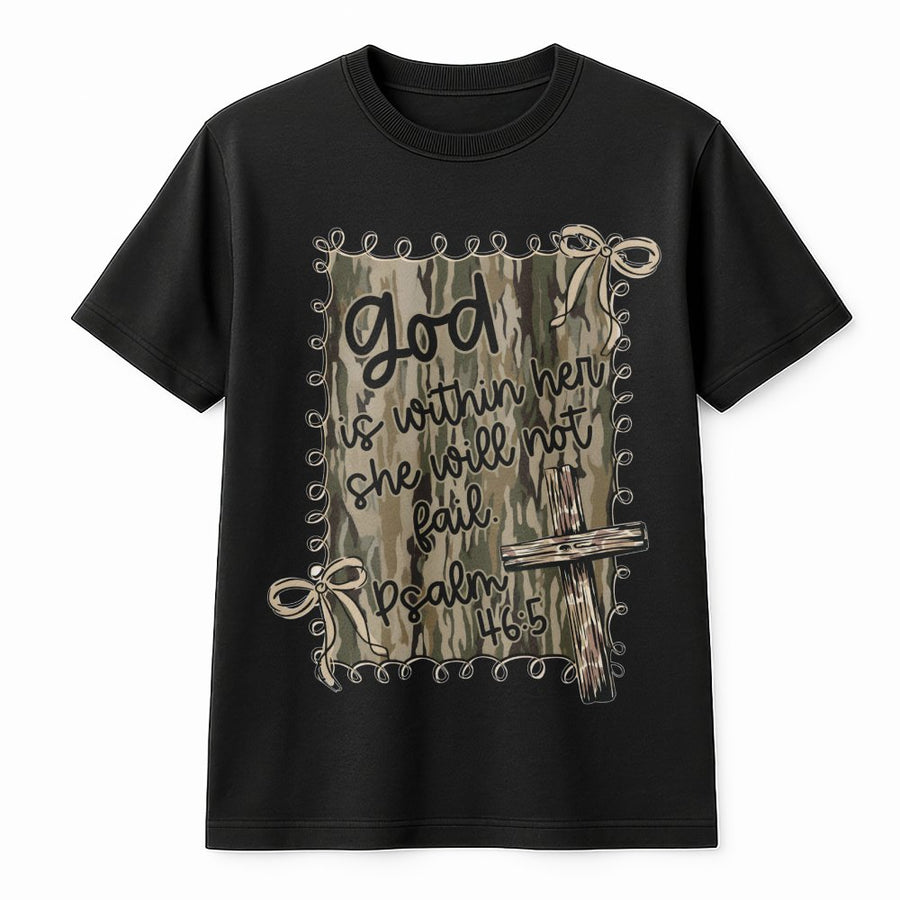 God Is Within Her T-Shirt | Psalm 46:5 Bible Verse Aesthetic | Camo Coquette Bow Graphic | Premium Cotton Christian Gift For Women