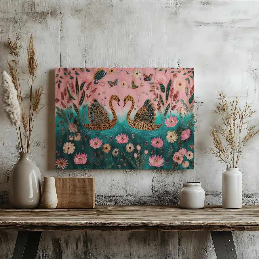 Swan Wall Art Canvas | Enchanted Leopard Print Floral Design | Premium Fade-Resistant Gallery Wrap | Whimsical Home Decor Gift