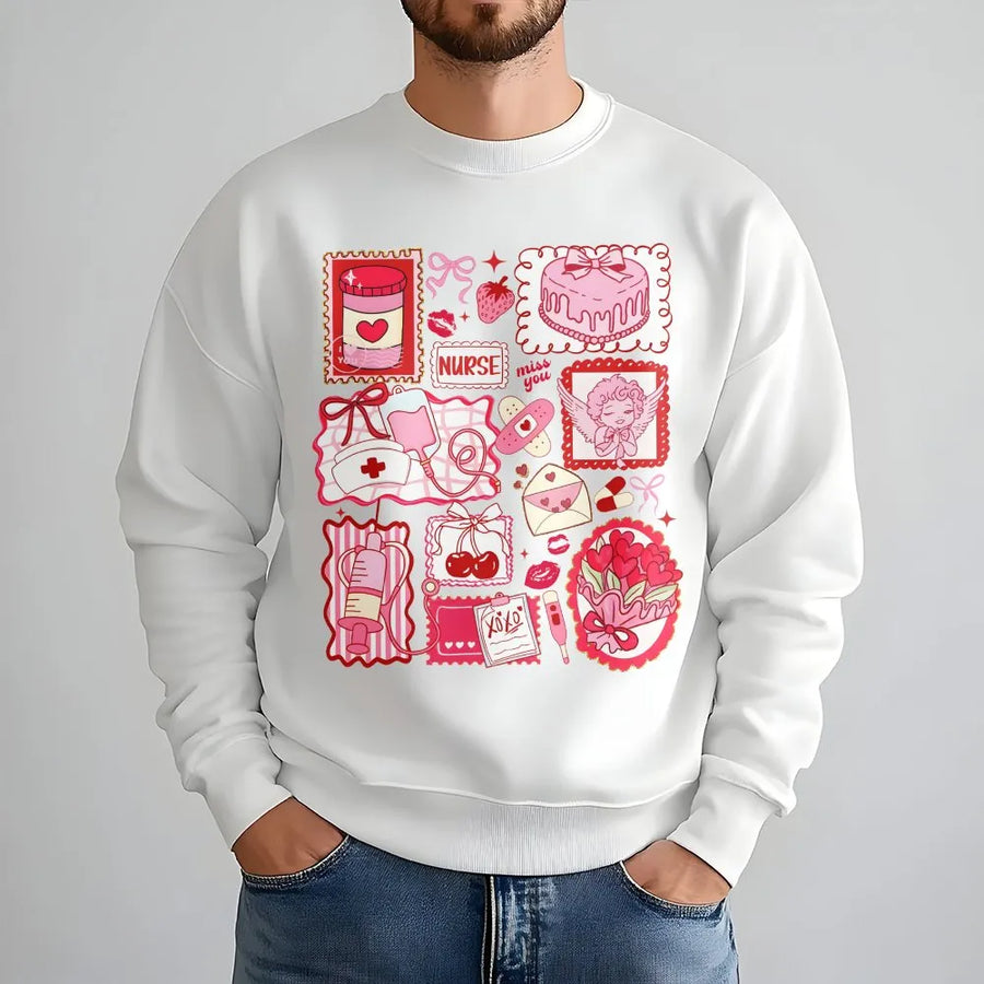 Nurse Valentine Sweatshirt | Coquette Pink Doodle Medical Graphic | Premium Cotton Blend | Cute RN Valentine's Day Gift for Nurses