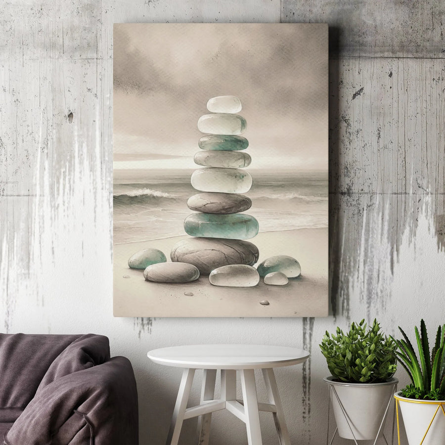 Zen Stacked Stones Canvas Wall Art | Minimalist Coastal Rock Cairn Painting | Premium Gallery Canvas | Spa & Bathroom Wall Decor Gift