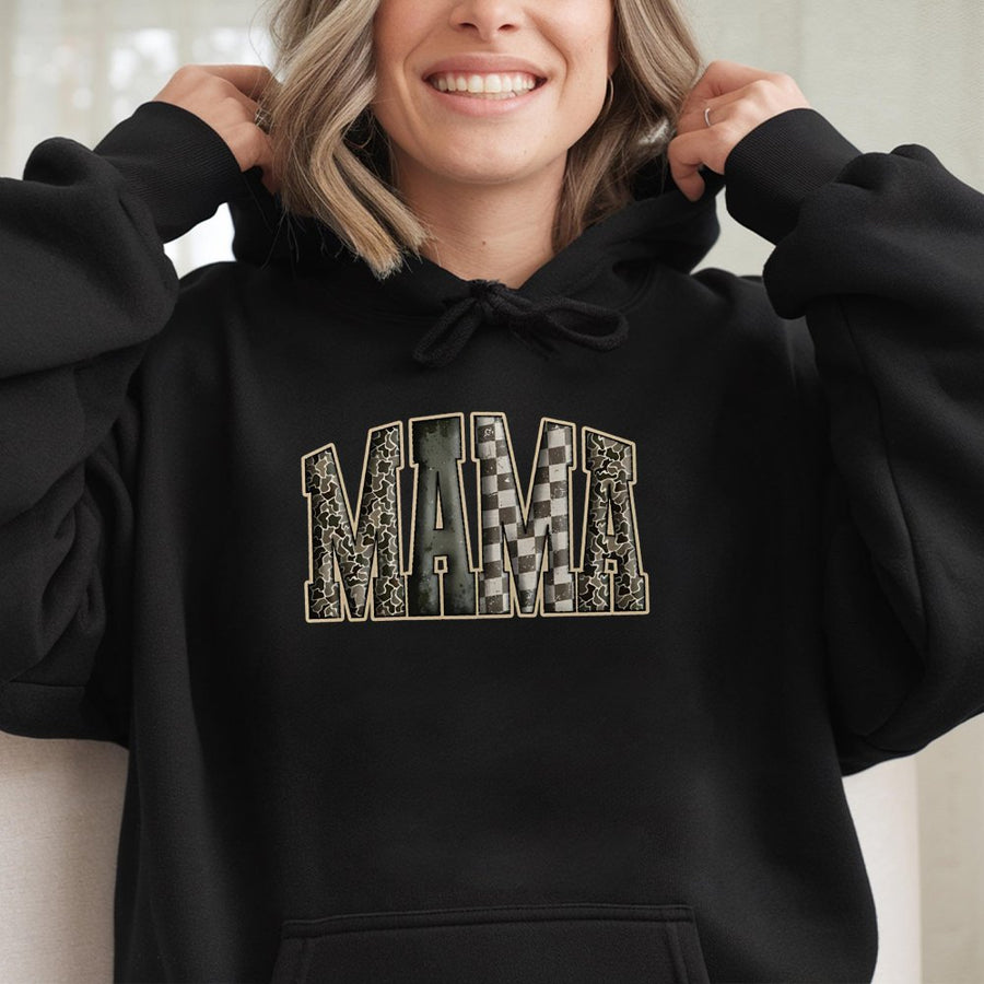 Mama Hoodie | Camo and Checkered Varsity Letter Print | Cotton-Blend Premium Sweatshirt | Trendy Mother's Day 2026 Gift for Moms