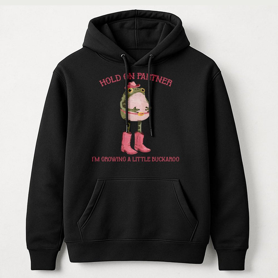 Hold On Partner Maternity Hoodie | Funny Frog Cowboy Pregnancy Announcement | Soft Cotton-Blend Pullover | Cute Gift for Expecting Mom