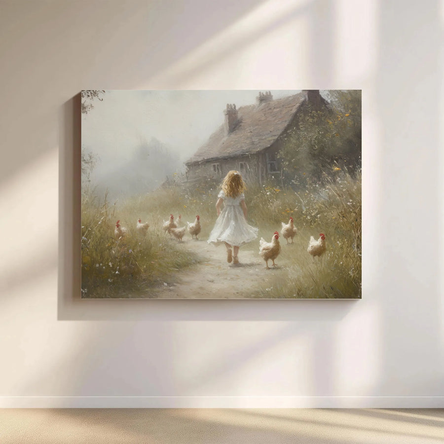 Girl With Chickens Canvas Wall Art | Rustic Farmhouse Cottage Painting | 1.25” Gallery Wrap Premium Print | Countryside Home Decor Gift