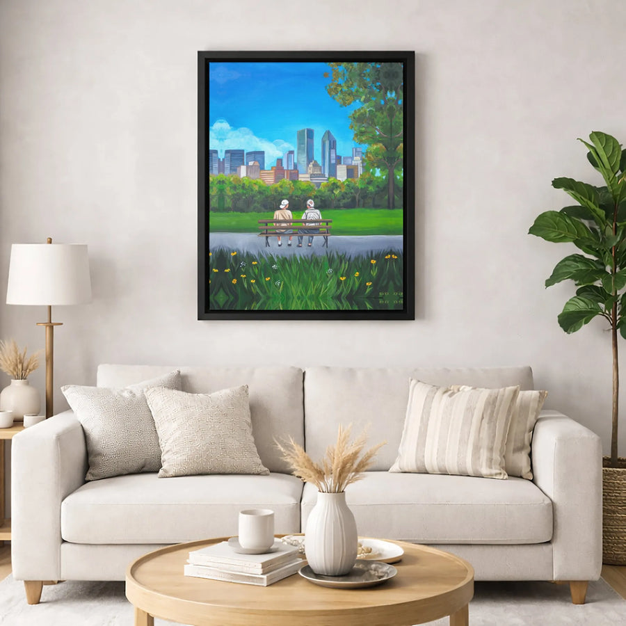 Elderly Couple Park Bench Canvas | City Skyline Art Print | Premium 1.25-Inch Gallery Wrap | Heartfelt Anniversary Gift for Parents