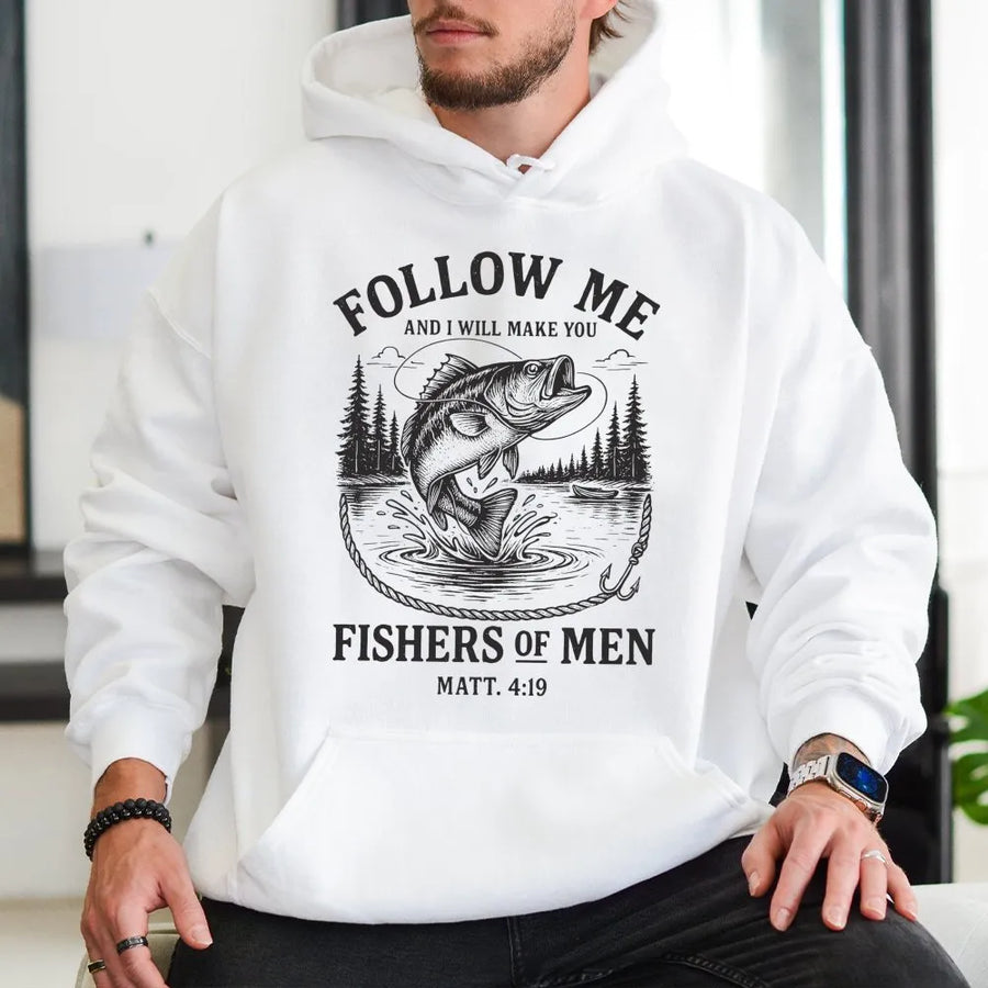 Fishers Of Men Hoodie | Matthew 4:19 Bible Verse Graphic | Premium Cotton Blend Pullover | Christian Faith Gift for Fisherman and Outdoorsmen