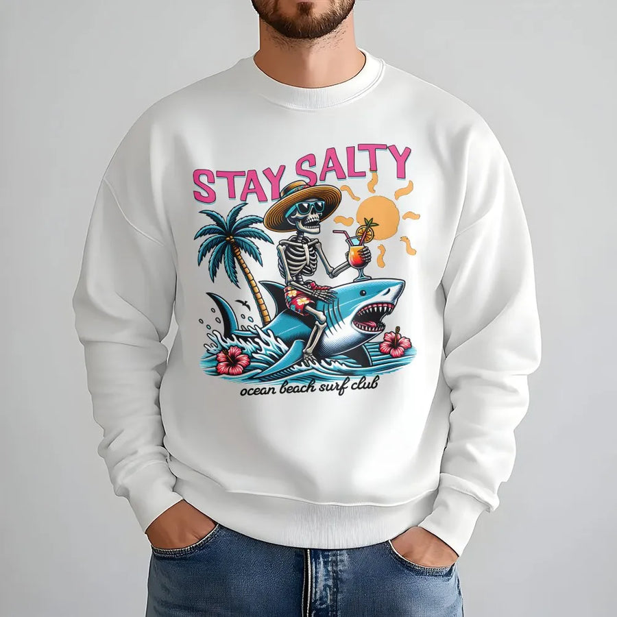 Stay Salty Skeleton Shark Sweatshirt | Funny Retro Surfer Graphic | Premium Cotton | Summer Vacation Gift for Men & Women