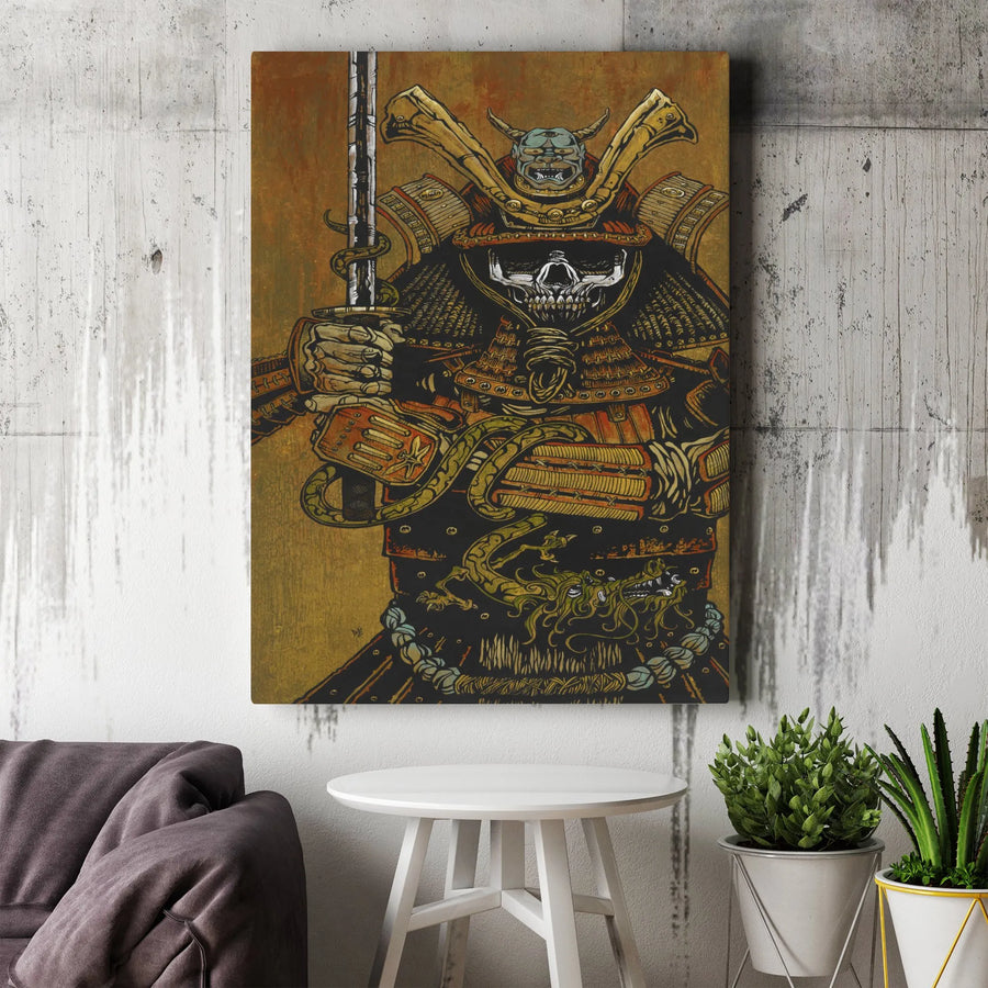 Samurai Skull Canvas Wall Art | Japanese Skeleton Warrior with Oni Mask | Premium Gallery Wrapped Canvas | Collector's Gift for Martial Arts Fan