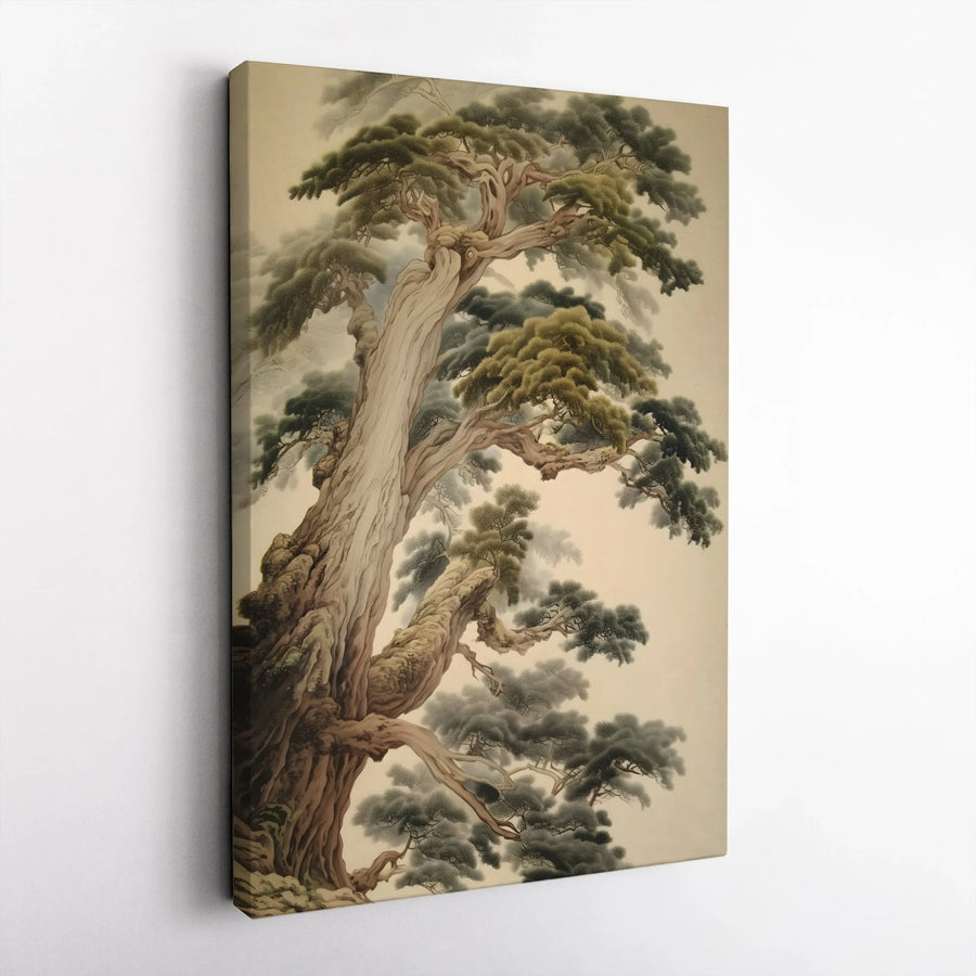 Ancient Pine Tree Canvas Print | Japanese Ink Wash Style Wall Art | Premium Gallery Wrapped Decor | Zen Home Office Aesthetic Gift