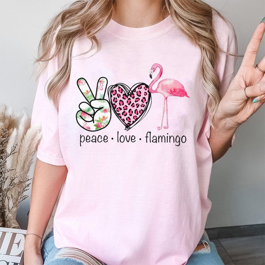 Peace Love Flamingo T-Shirt | Tropical Pink Bird Graphic Tee | 100% Cotton Premium Quality | Cute Beach Lover Gift for Women