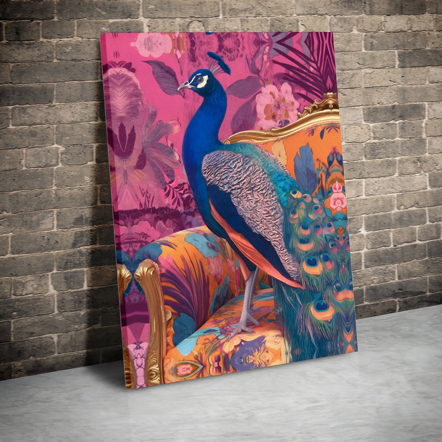 Peacock Wall Art Canvas | Vibrant Pink Floral Bird Portrait | Gallery Quality 1.25-inch Profile | Elegant Home Decor Gift
