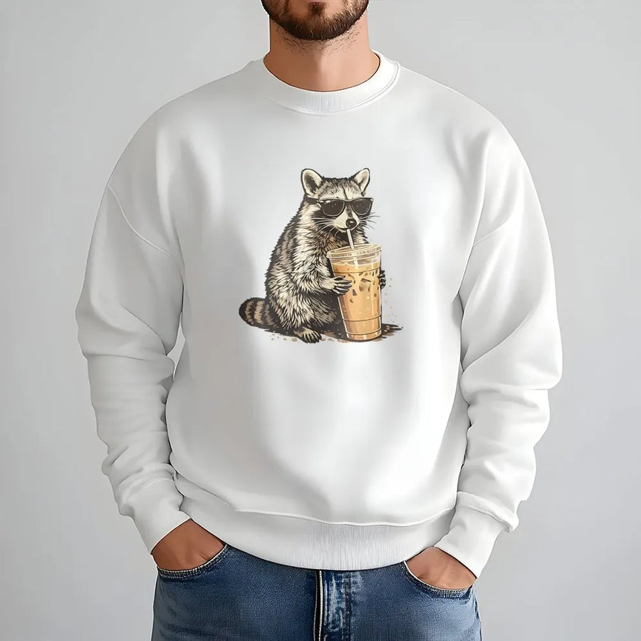 Raccoon Iced Coffee Sweatshirt | Cool Raccoon with Sunglasses | Premium Soft Cotton Blend | Funny Animal Graphic Gift for Coffee Lover