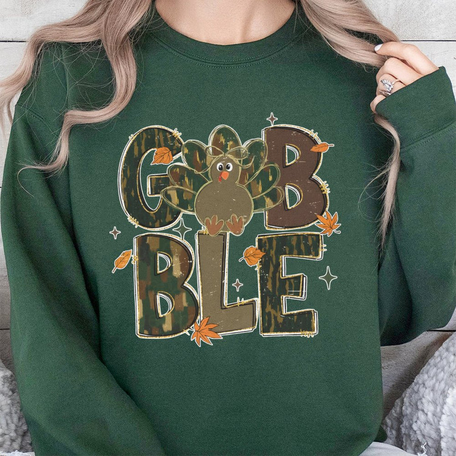 Gobble Thanksgiving Sweatshirt | Camo Turkey Graphic Design | Premium Cotton Blend | Cozy Fall Gift for Women and Men