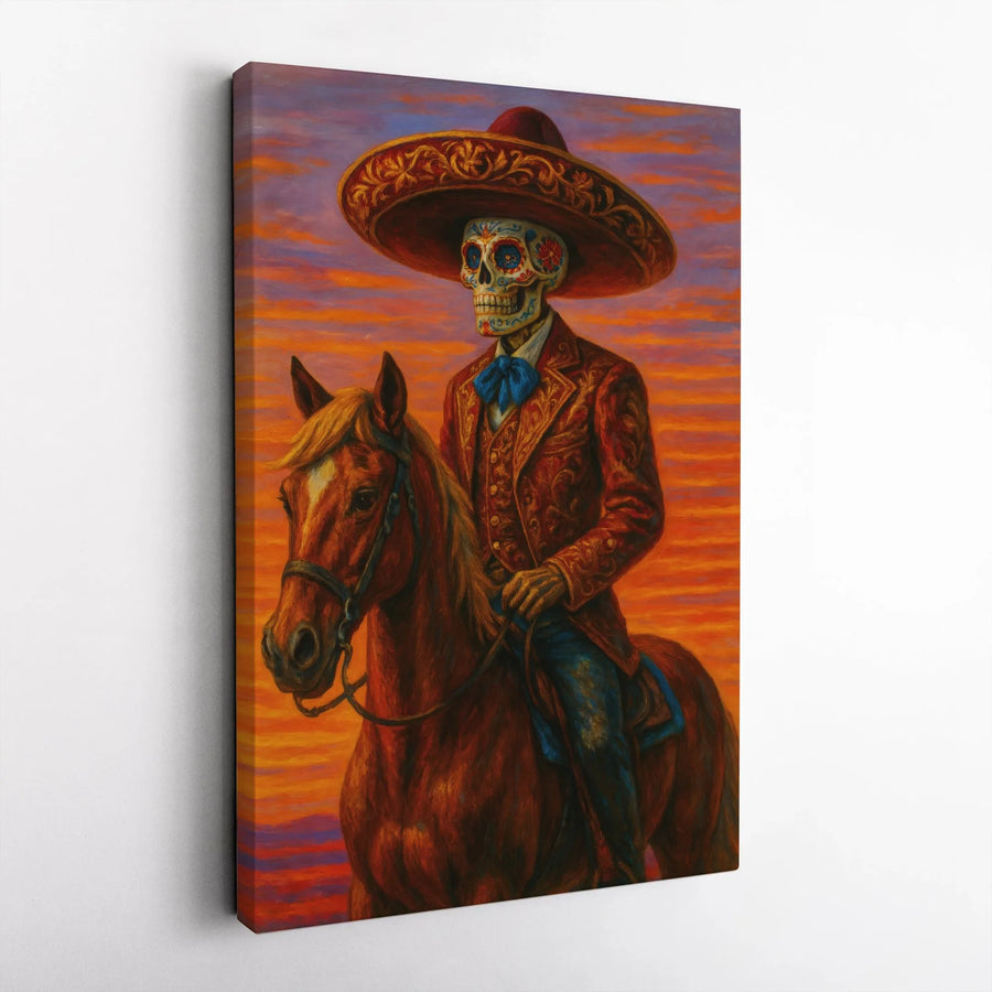 Day of the Dead Canvas Wall Art | Sugar Skull Mariachi Horse Rider | Gallery Wrap Premium Print | Mexican Culture Home Decor Gift