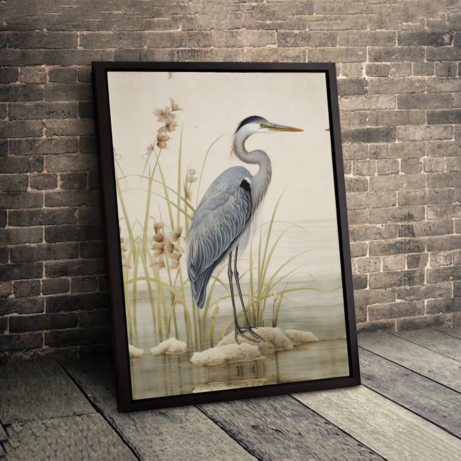 Great Blue Heron Canvas Art | Vintage Marsh Bird Illustration | Premium Gallery Wrapped Print | Nature Lover Home Decor Gift