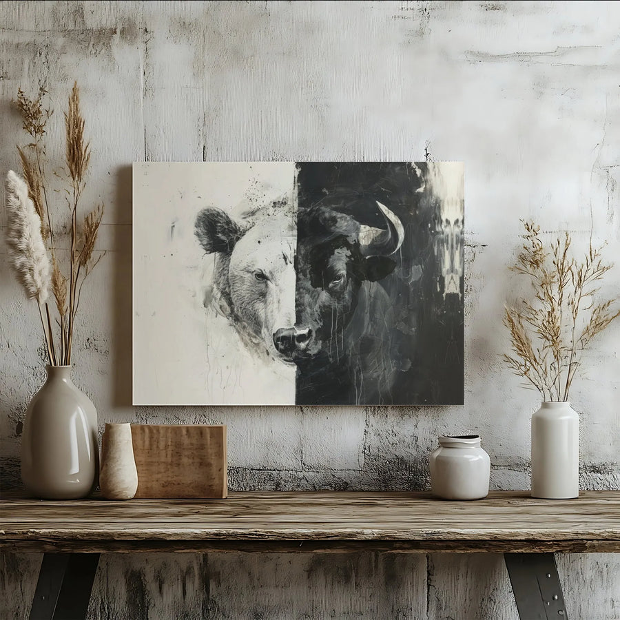 Bull and Bear Canvas Art | Split Face Stock Market Wall Decor | Premium 1.25 Inch Gallery Wrap | Trading Office Gift for Investors
