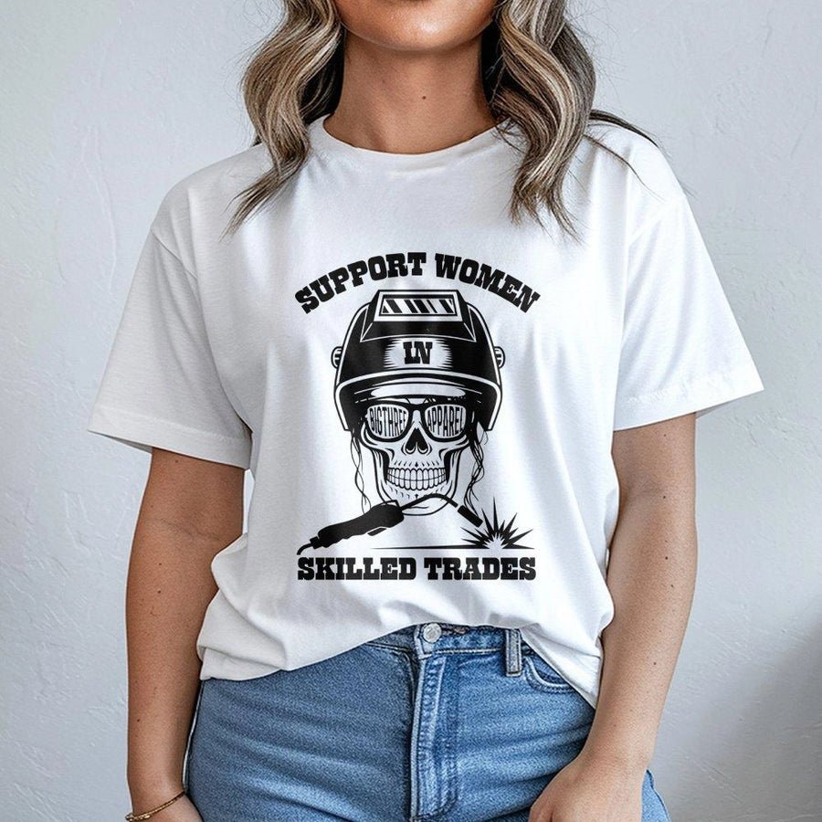Support Women In Skilled Trades T-Shirt | Welding Skull Graphic Tee | Premium Cotton Casual Wear | Empowering Gift For Female Welder