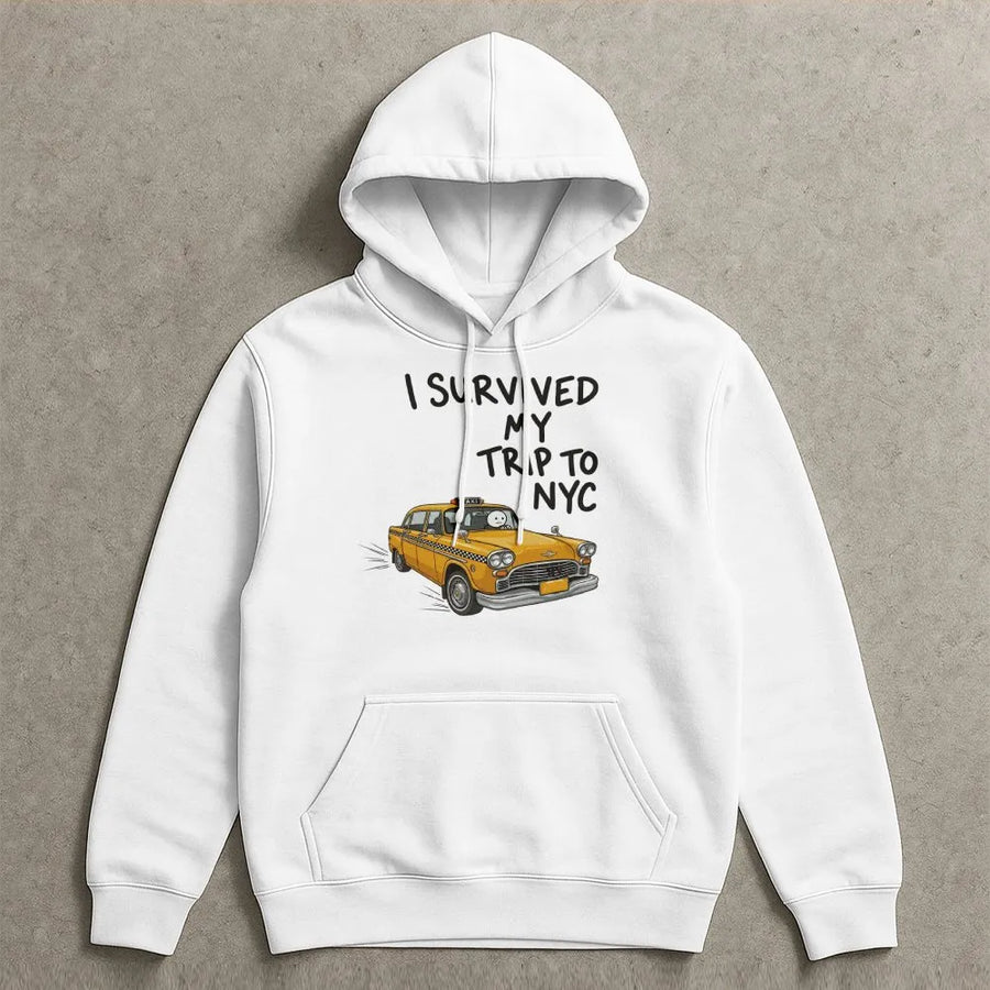 I Survived My Trip To NYC Hoodie | Funny New York Yellow Taxi Graphic | Soft Cotton Blend Pullover | Premium Traveler Gift Souvenir