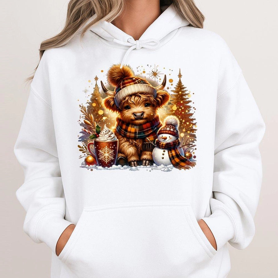 Highland Cow Christmas Hoodie | Festive Snowman & Hot Cocoa Graphic | Cotton-Poly Blend | Cozy Winter Gift For Animal Lovers