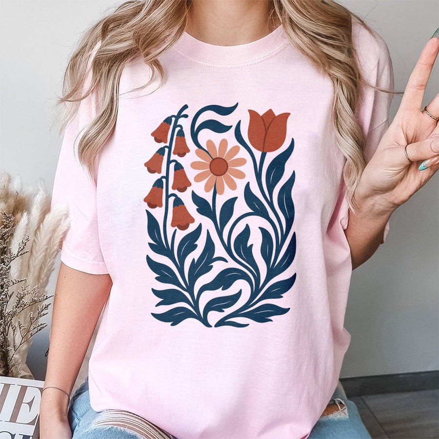 Floral Graphic T-Shirt | Boho Botanical Foxglove Daisy Tulip Design | Premium 100% Cotton | Aesthetic Cottagecore Gift For Her