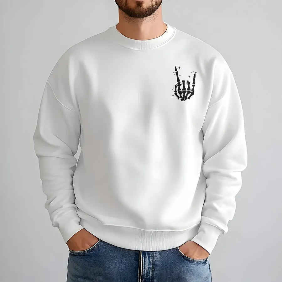 Skeleton Hand Rock On Sweatshirt | Spooky Minimalist Graphic Tee | Premium Soft Cotton | Unisex Halloween Gift for Music Fans