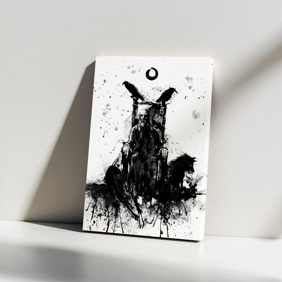 Norse God Odin Vertical Canvas | Mythology Ink Splatter Art | Premium Frameless Print | Collector's Gift for Viking History Fan